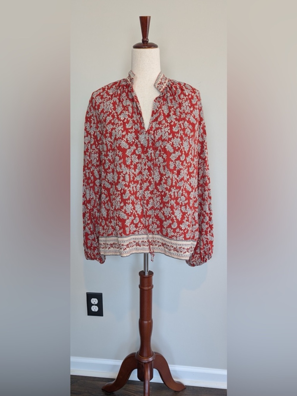 Madewell Women’s Shirred Popover Paisley Cotton Blend Top in Ground Madder Sz M